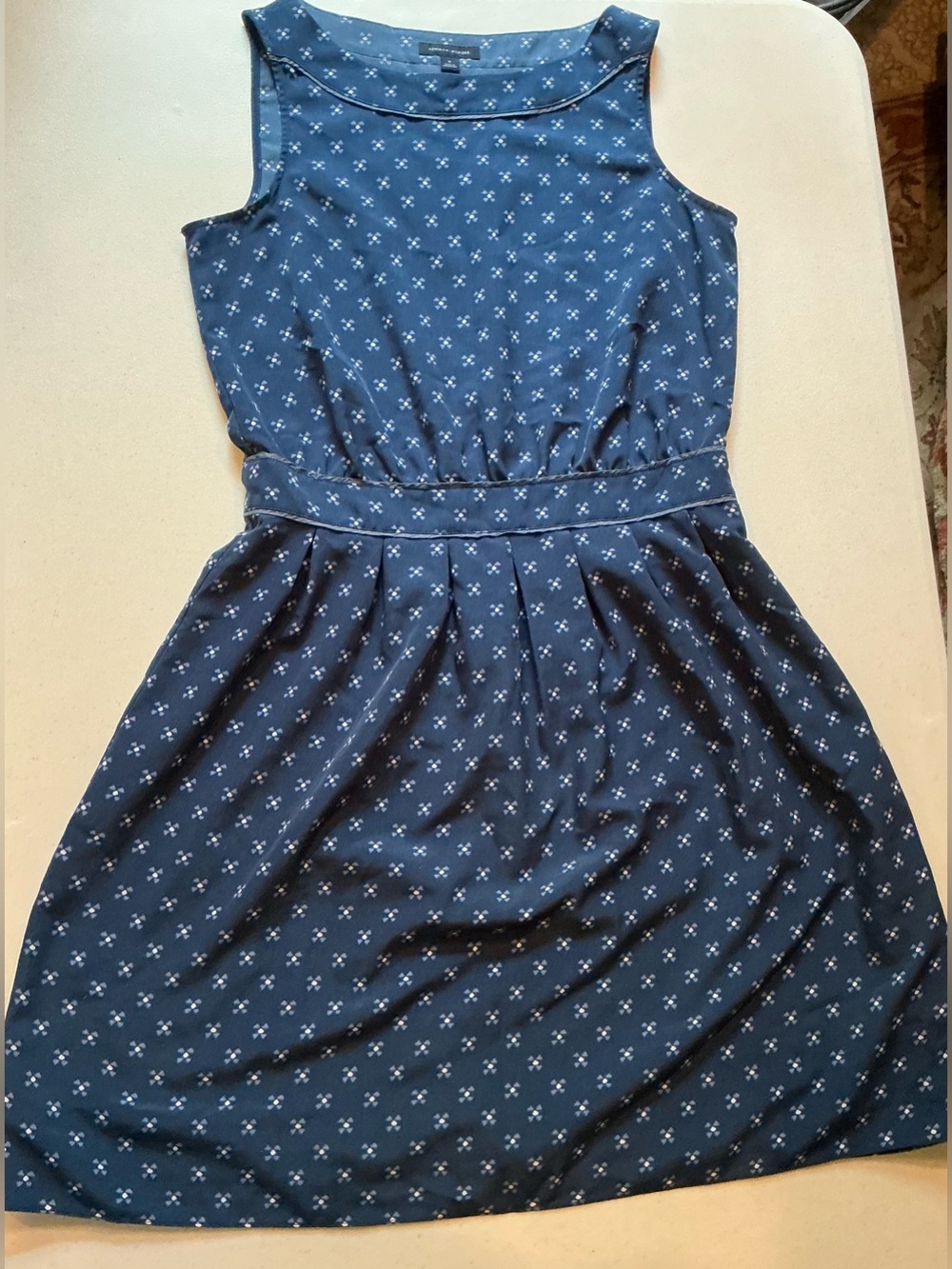 Tommy Hilfiger Navy Sleeveless Belted A-Line Dress with Tiny White Print